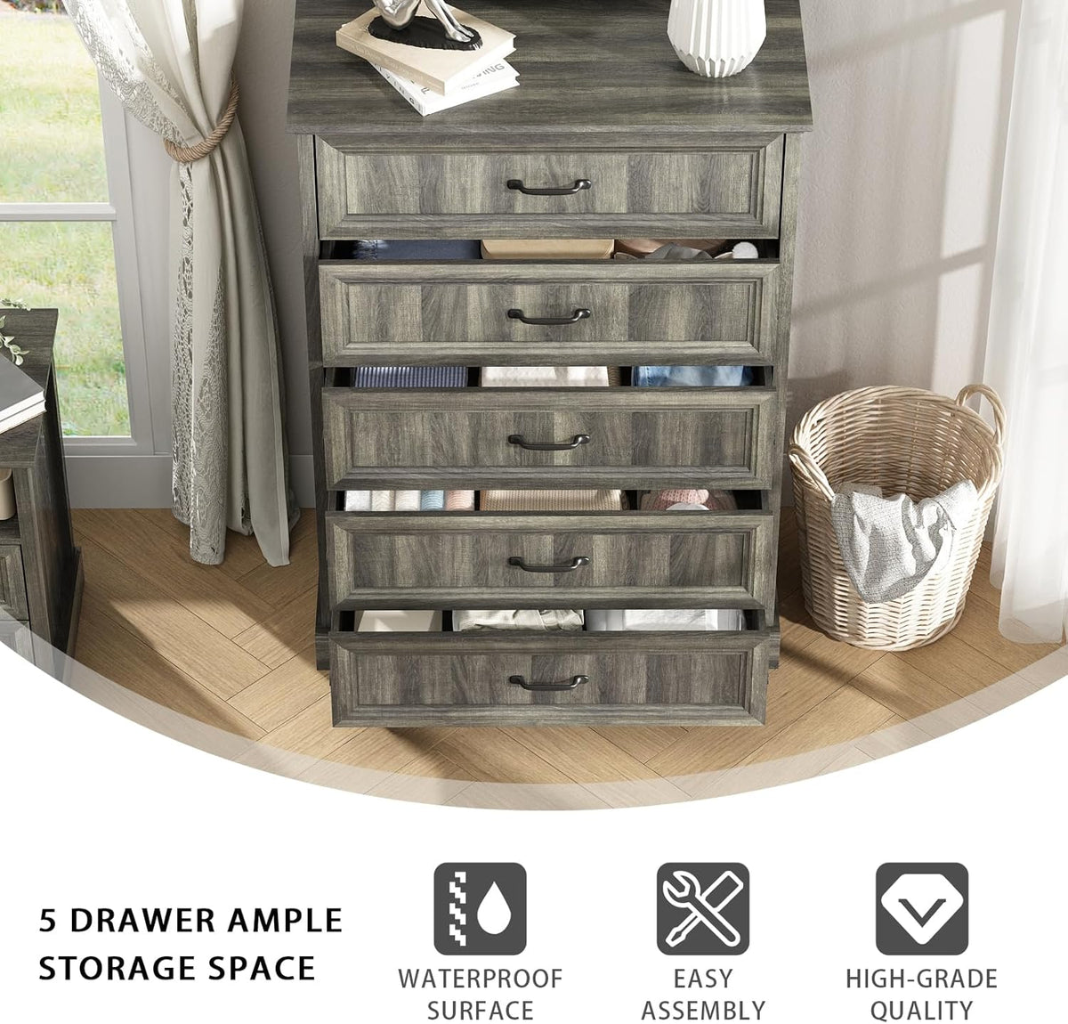 Farmhouse 5 Drawers Dresser for Bedroom, 44" Tall Grey dresser Wood Rustic Chest of Drawers with