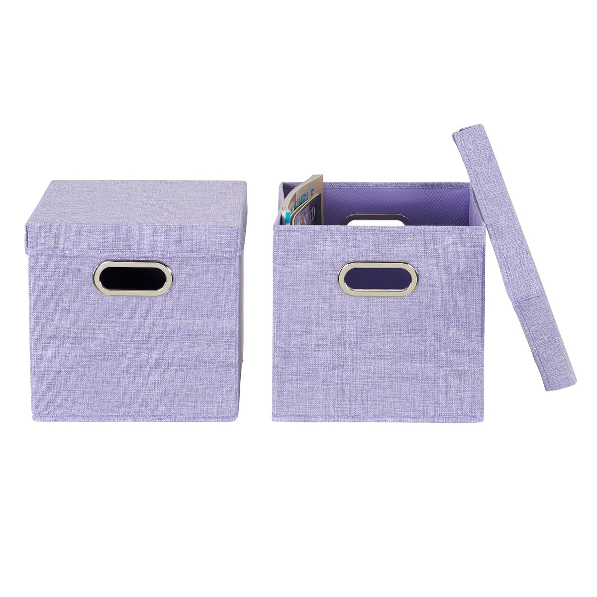 Household Essentials 814-1 Café Cube Bin Storage Set with Lids and Handles | 2 Pack, Purple Linen