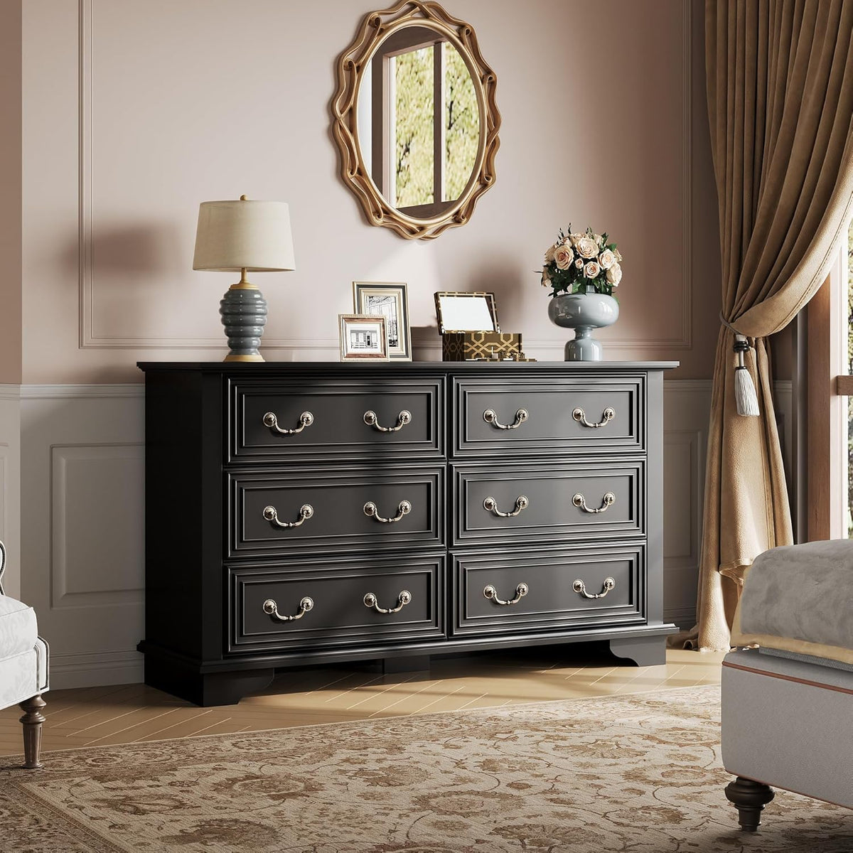 WLIVE Farmhouse Dresser for Bedroom, 51.97'' Wide Wood 6 Drawer Dresser, Chest of Drawers with