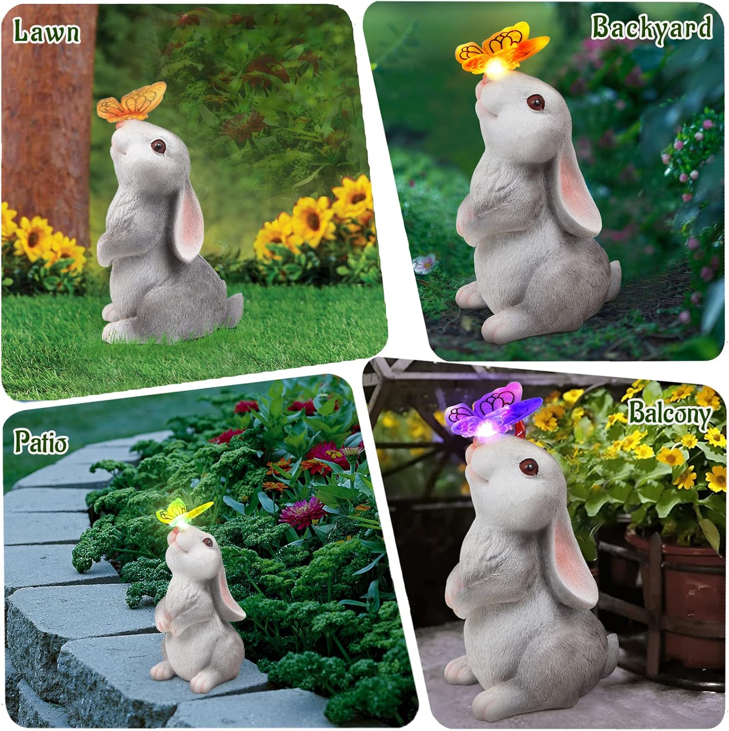 Garden Statue Outdoor Decor-Rabbit with Solar Butterfly Changing Lights Garden Statues,Bunny Statue