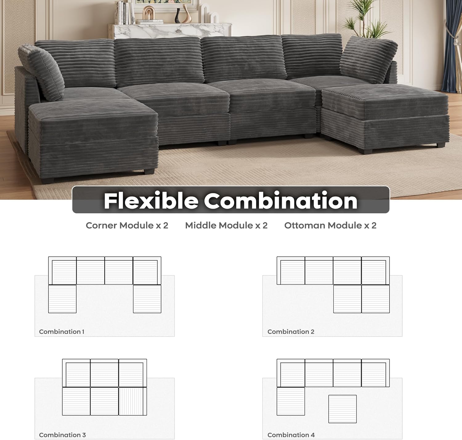 ovios Sectional Sofa Couch with U-Shape Chaise Ottomans, Comfy Modular Cloud Couches with Deep