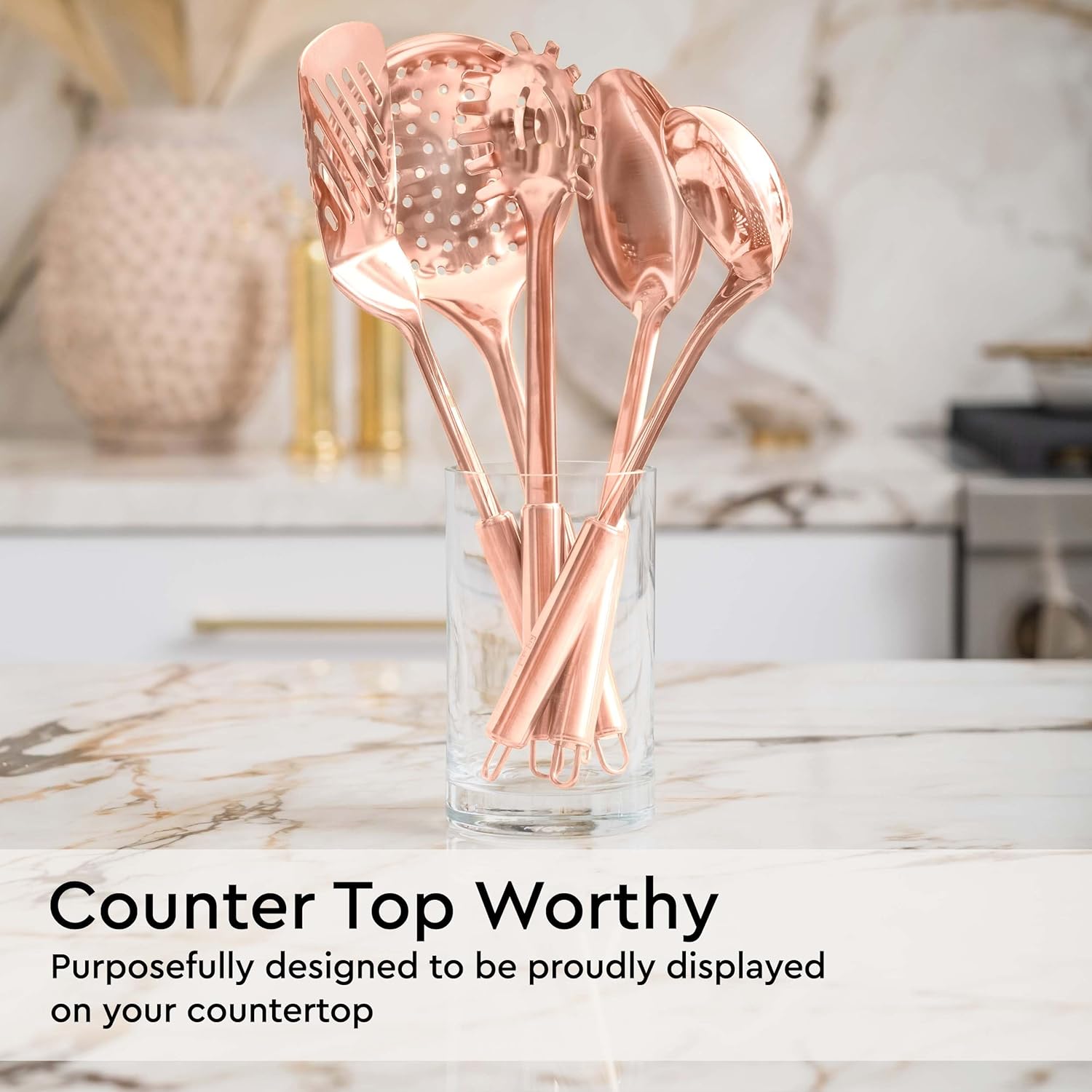 Copper Cooking Utensils Set – 5-Piece Rose Gold Stainless Steel Kitchen Tools for Cooking and