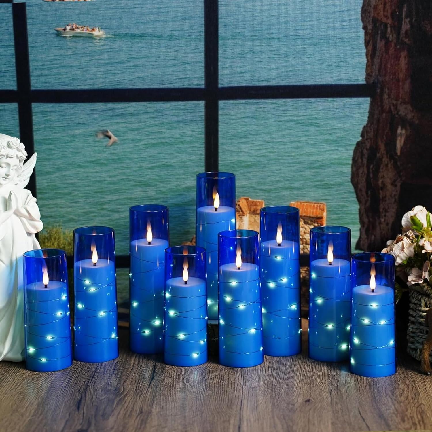 Flickering Flameless LED Candles,Battery Operated Candles 9 Pcs with Embedded Star String,Acrylic