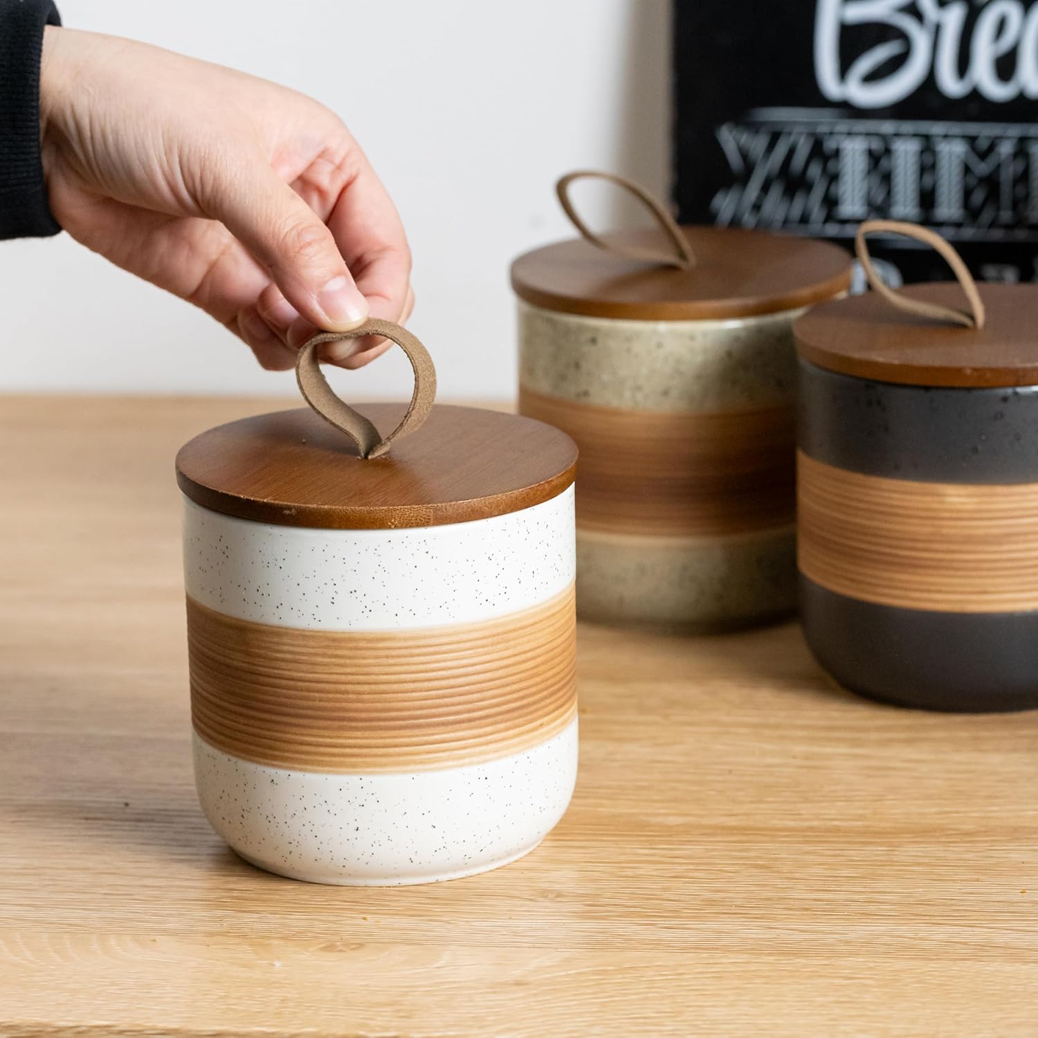 Ceramic Jar with Lid, Coffee Container Kitchen Food Storage Jars for Spice Sugar Tea Bag, Stackable