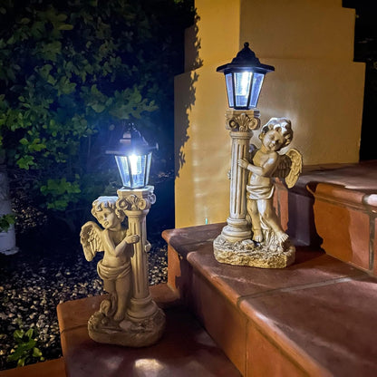 Angel Statue with Solar Lights (Left) 19.7 Inch, Outdoor Solar Angel Garden Statue with Roma Pillar