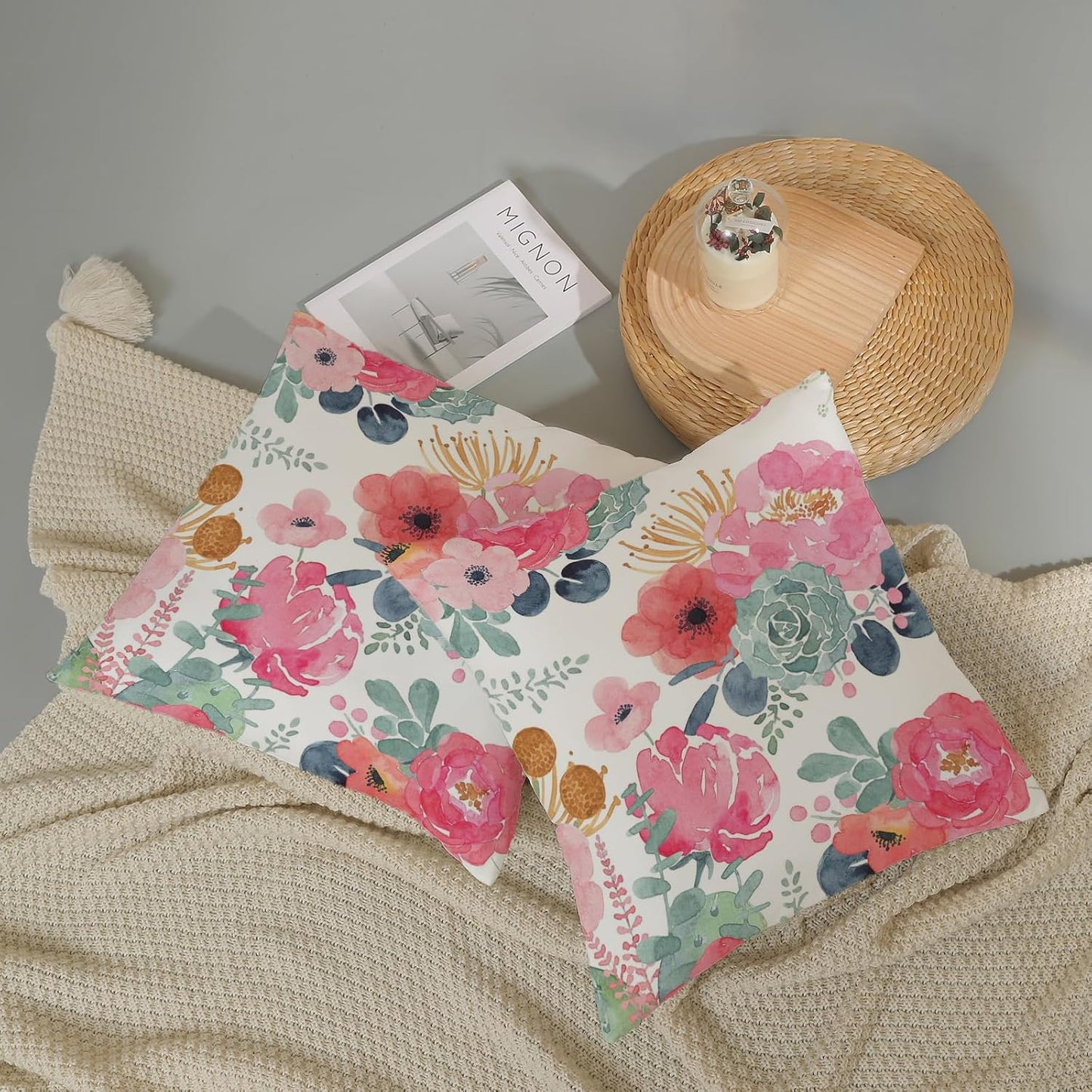 CXMEIFLY Spring Floral Pillow Covers 24 x 24 Inch Set of 2 for Watercolor Pink Flowers Decor Throw