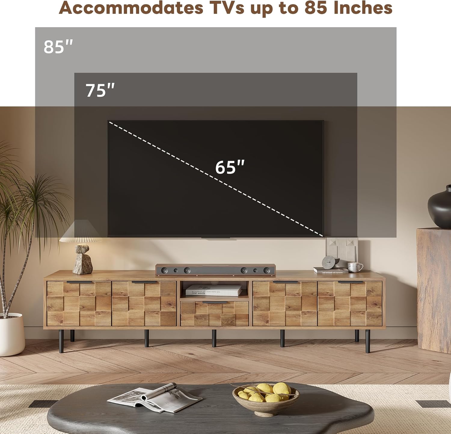 Modern TV Stand for TVs up to 85", Mid-Century Media Console with Checkered Cabinet Doors, Storage