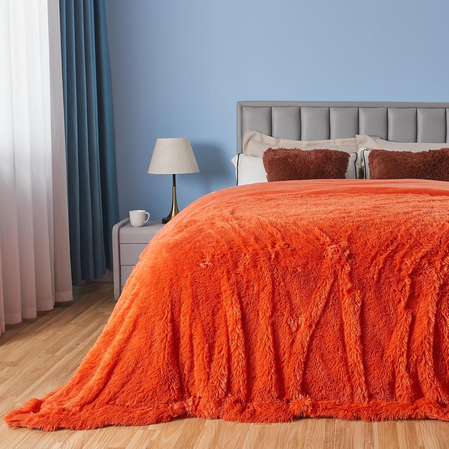 GONAAP Fuzzy Faux Fur Throw Blanket Queen Size Orange Super Soft Cozy Plush Fuzzy Shaggy Blanket