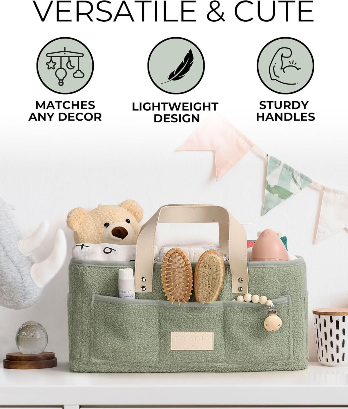 Baby Diaper Caddy Organizer with Portable Changing Mat - Teddy Fleece Diaper Organizer for Changing