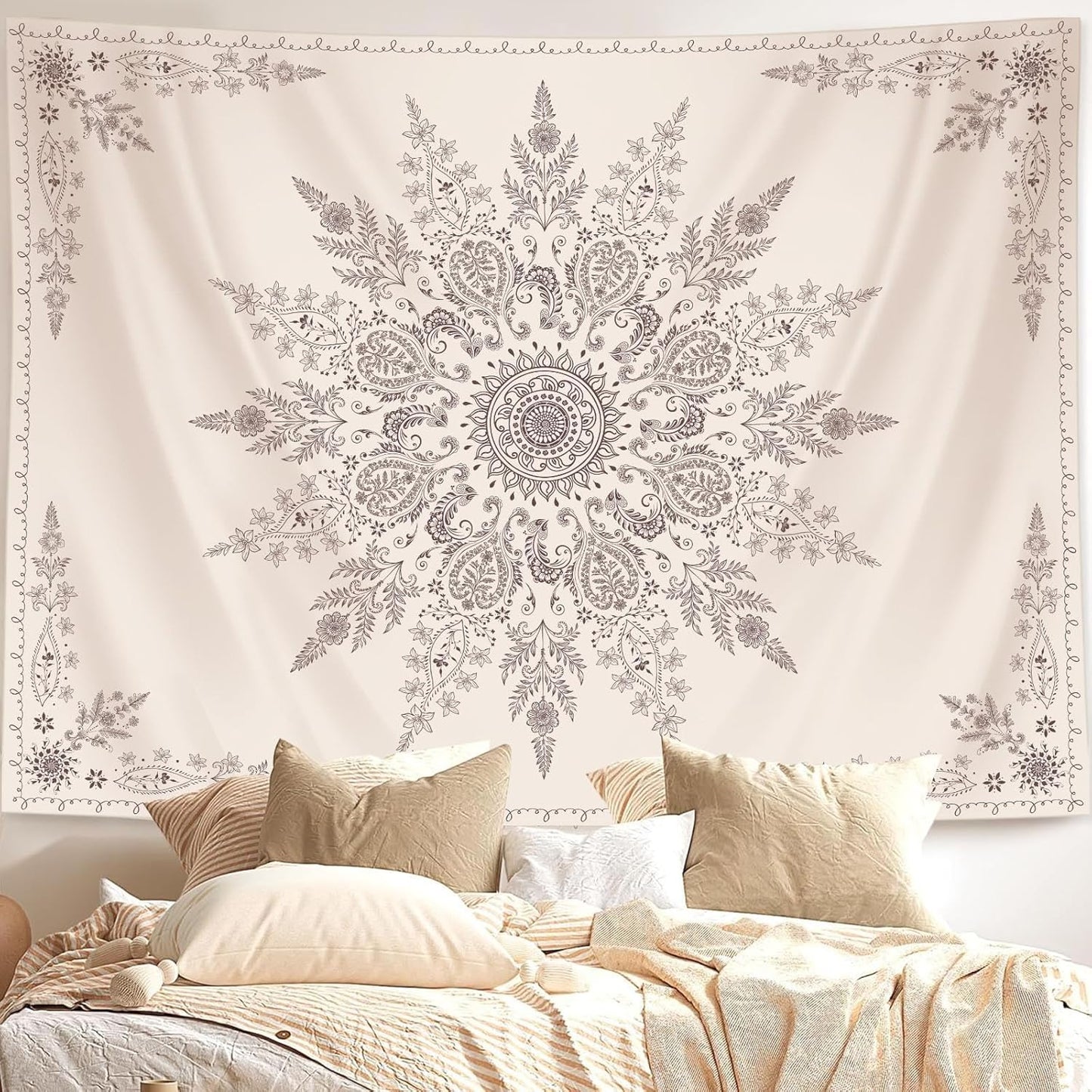 Lunerfex Boho Floral Tapestry Mandala Wall Tapestry, Cute Tapestries for Bedroom Beige Flower