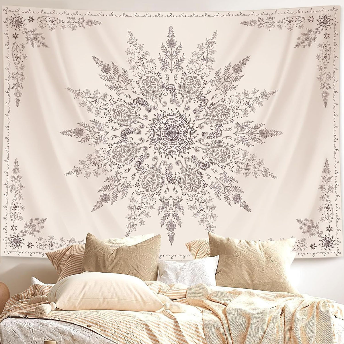 Lunerfex Boho Floral Tapestry Mandala Wall Tapestry, Cute Tapestries for Bedroom Beige Flower
