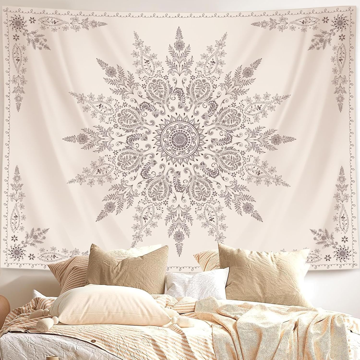 Lunerfex Boho Floral Tapestry Mandala Wall Tapestry, Cute Tapestries for Bedroom Beige Flower