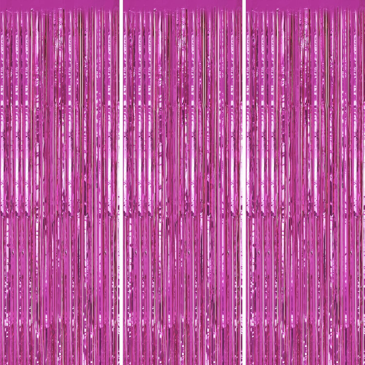 3 Pack Foil Fringe Backdrop - Hot Pink Shiny Tinsel Curtains for Party Decoration/Photo Booth Props