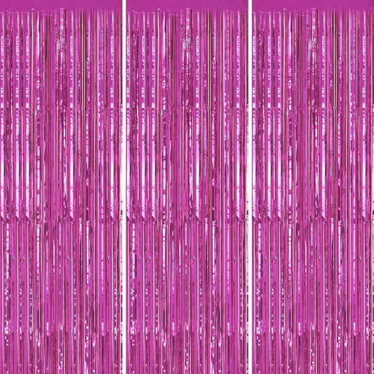 3 Pack Foil Fringe Backdrop - Hot Pink Shiny Tinsel Curtains for Party Decoration/Photo Booth Props