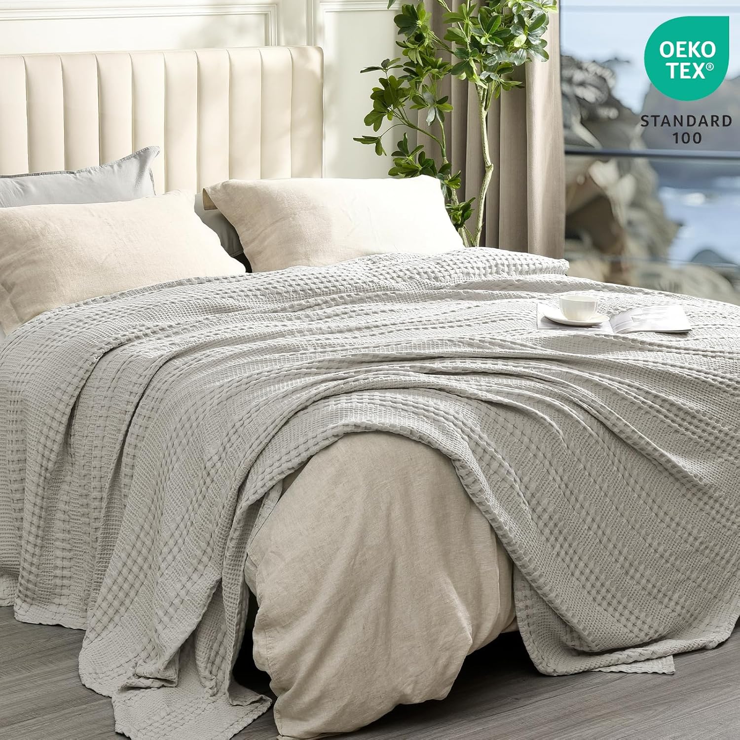 PHF Cooling Waffle Blanket Twin Size, Lightweight 60% Rayon Derived Bamboo & 40% Cotton Breathable