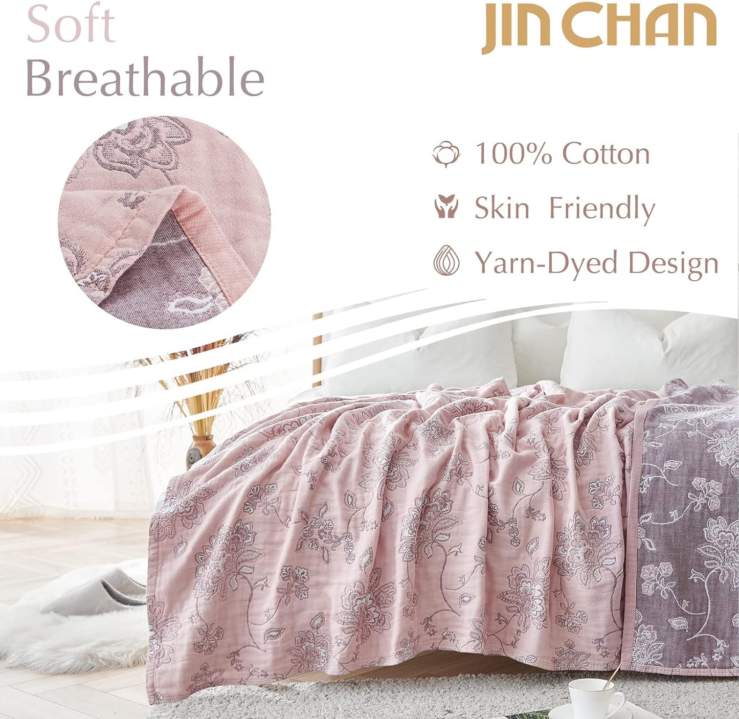 jinchan Boho 100% Cotton Muslin Twin Size 60x80 Inches Blanket Lightweight 4-Layer Quilted Soft