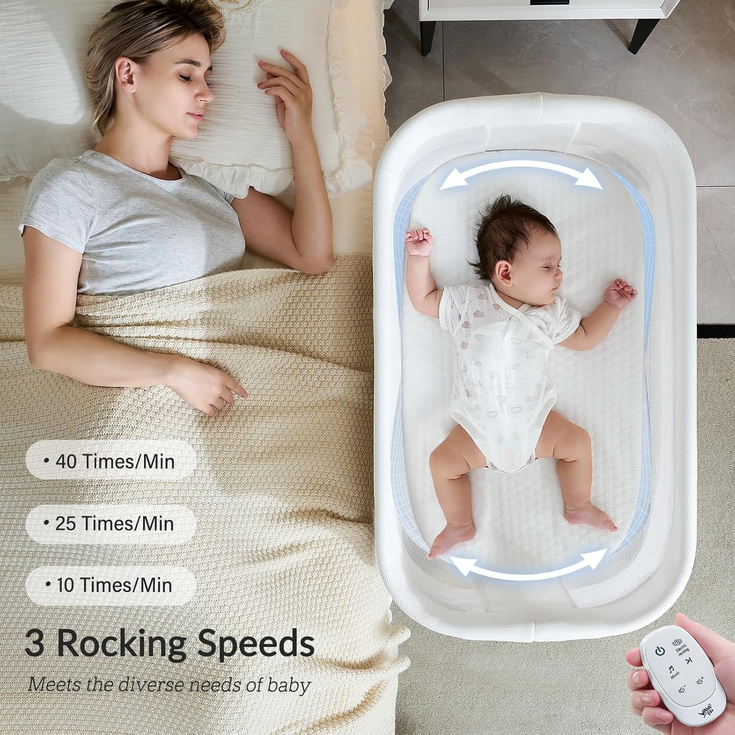 Rocking Bassinet for Baby 3 Speeds Electric Bedside Sleeper with White Noise, Automatic Bedside