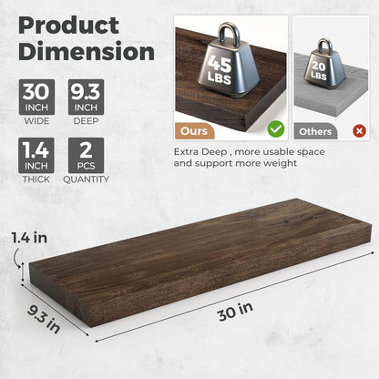 RICHFOCUS Elm Floating Shelves for Wall - 30" W x 9.3" D Rustic Solid Wood Shelves with Invisible