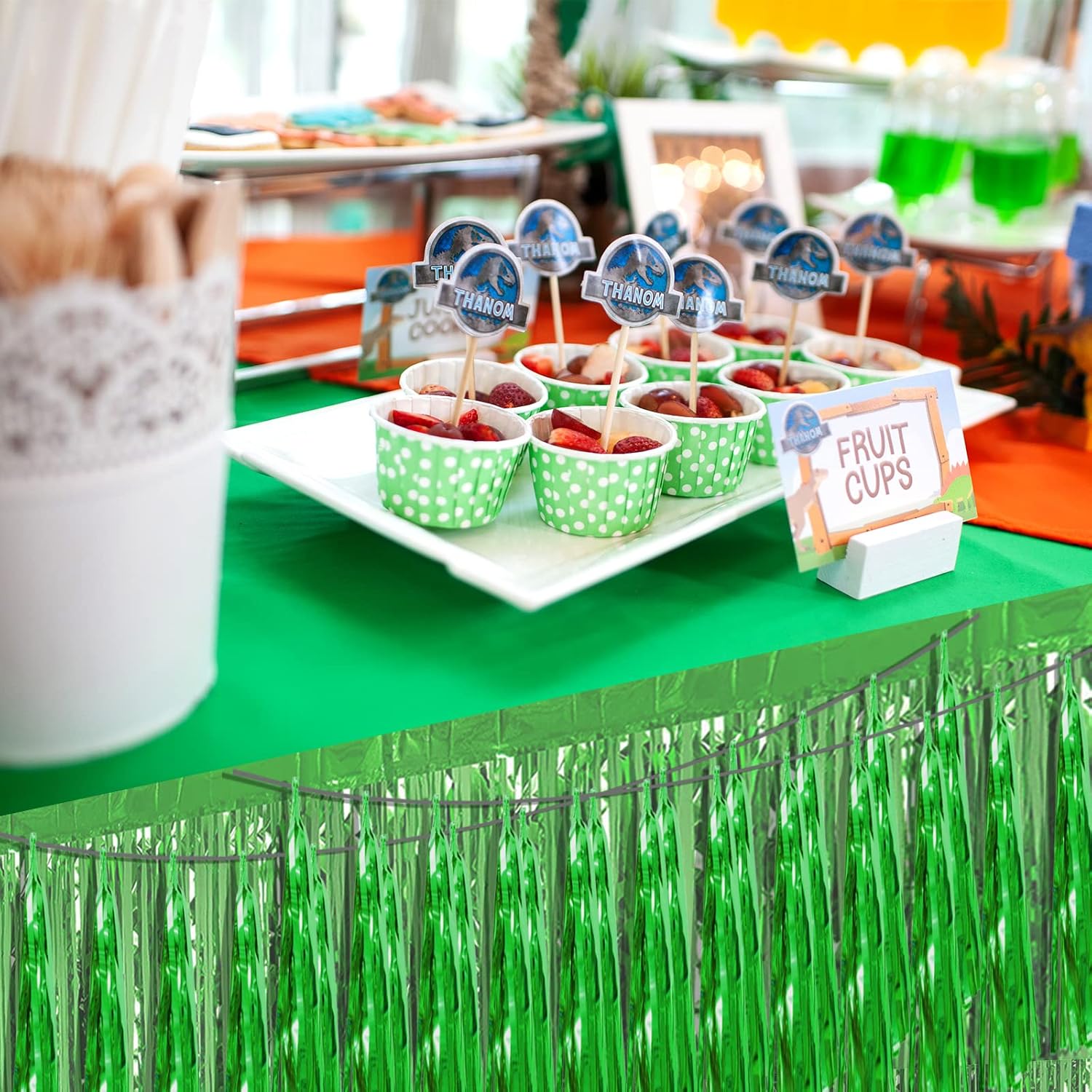 4P Green Foil Fringe Metallic Streamers Banner Tassel Garland for Parade Floats, Bachelorette