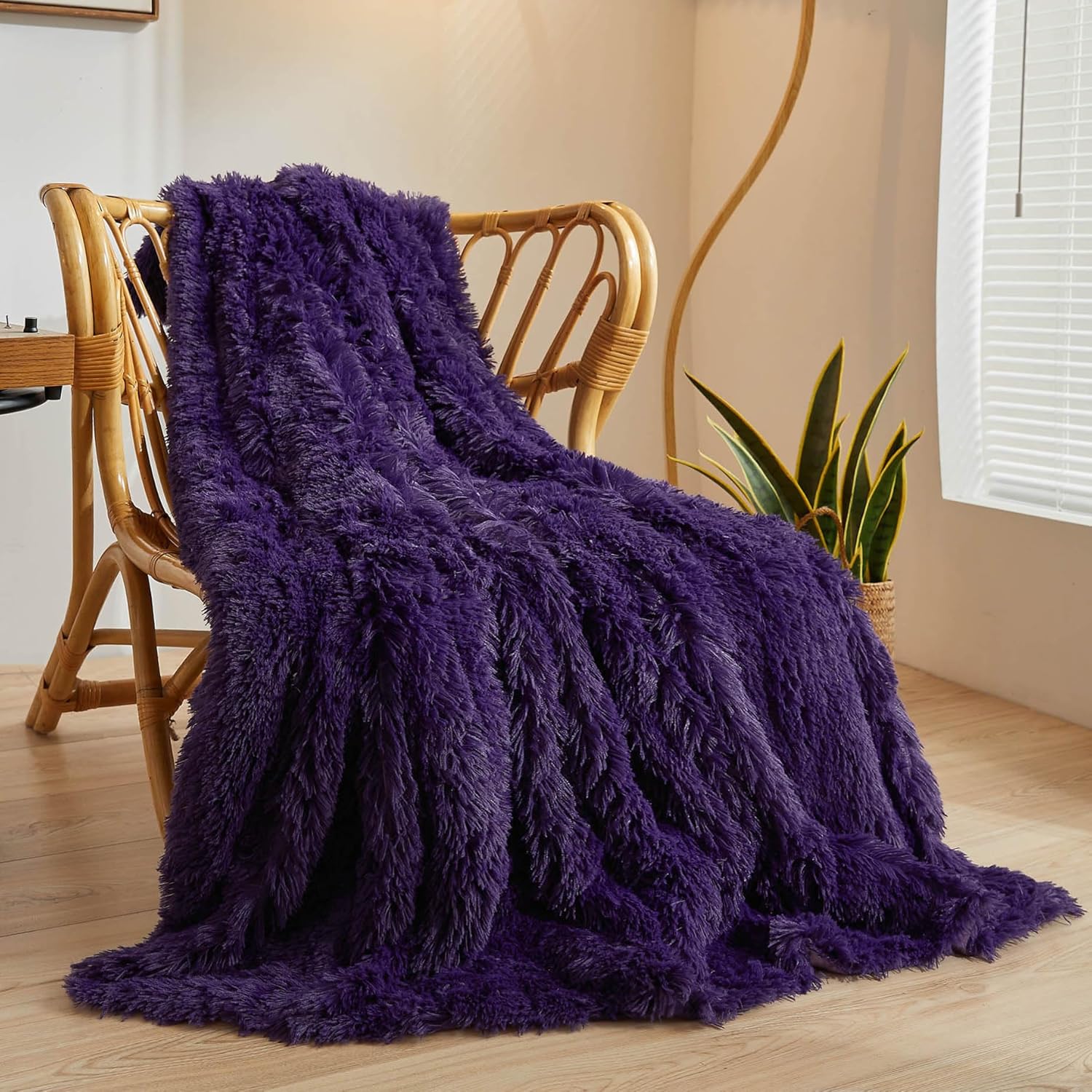 XeGe Plush Faux Fur Throw, Dark Purple Luxurious 50x60 Shaggy Furry Blanket, Thick Fluffy