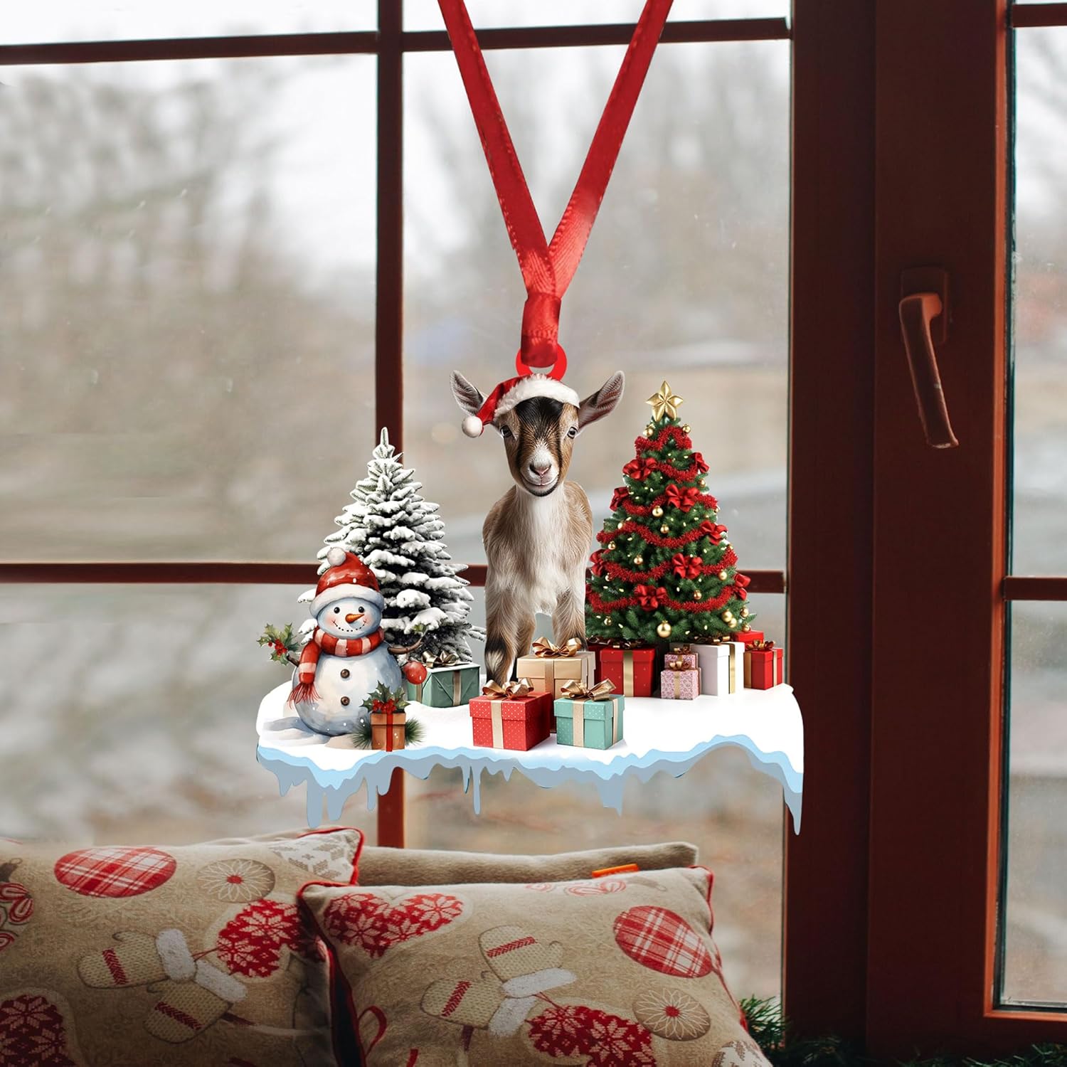 Talataca Goat 2D Flat Christmas Ornament, Goat Gift Boxes Pine Tree Decor, Hanging House Charm Eve