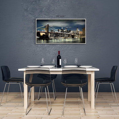 Framed Brooklyn Bridge Wall Art: Large Size New York Cityscape Skylines Night Scene Modern Picture
