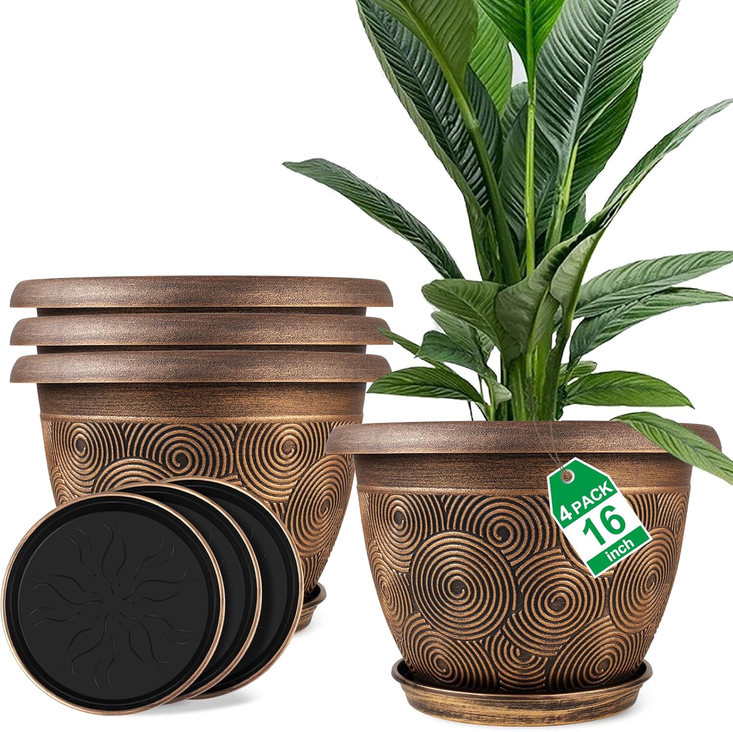 16 Inch Large Planter Pot for Plants Indoor Outdoor, 4 Pack Plastic Flower Pots with Drainage Hole