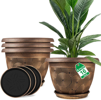 16 Inch Large Planter Pot for Plants Indoor Outdoor, 4 Pack Plastic Flower Pots with Drainage Hole