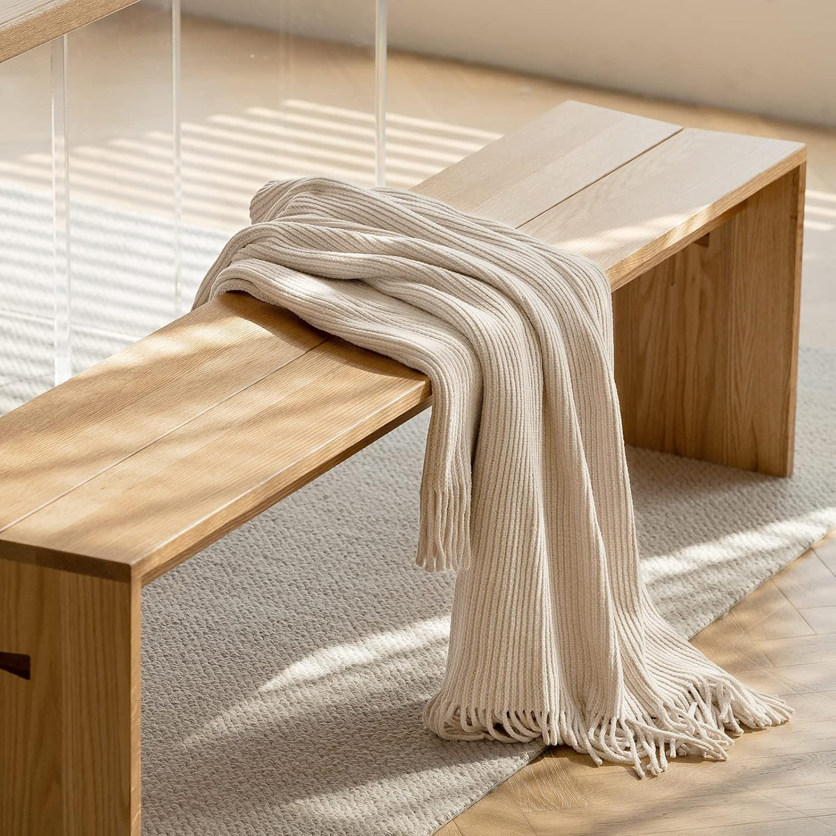 lifein Throw Blanket for Couch, Soft Boho Decor Bed Throw,Cozy White Chenille Knitted Small