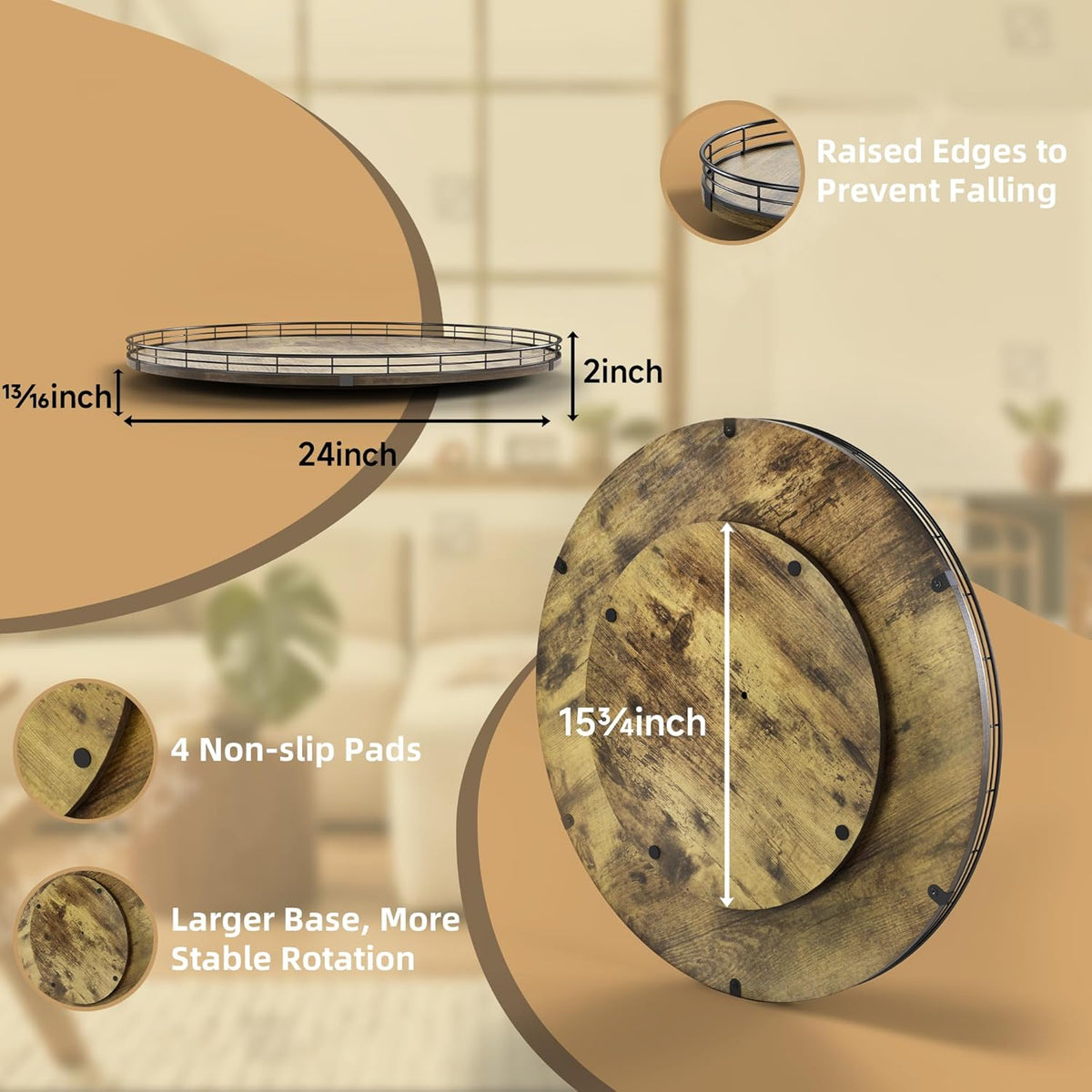 Lazy Susan Turntable Organizer for Table Top, 24’’ Round Wooden Lazy Susan for Cabinet Kitchen