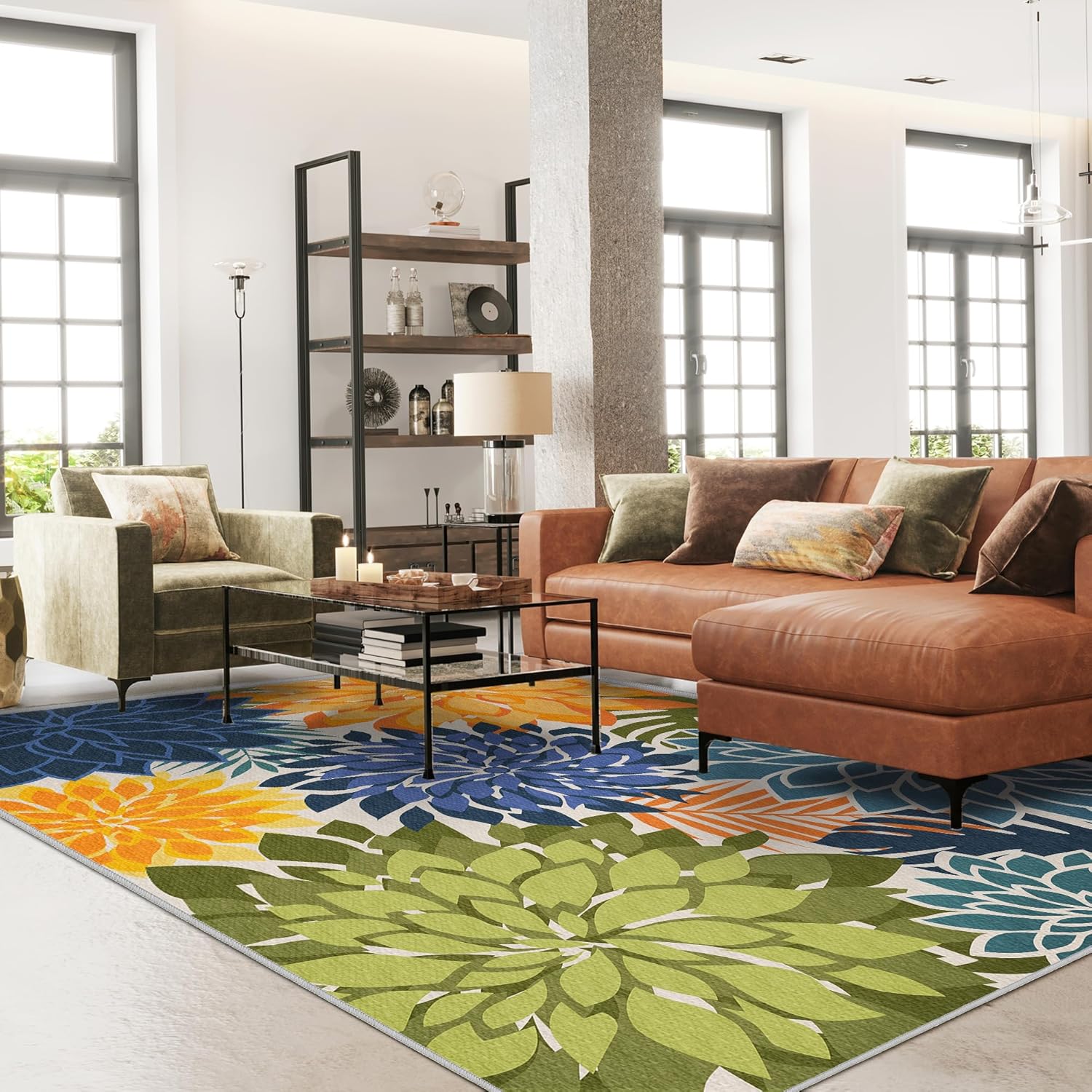 Indoor Outdoor Area Rug Washable Multicolored Patio Rug Tropical Botanical Modern Floral Indoor