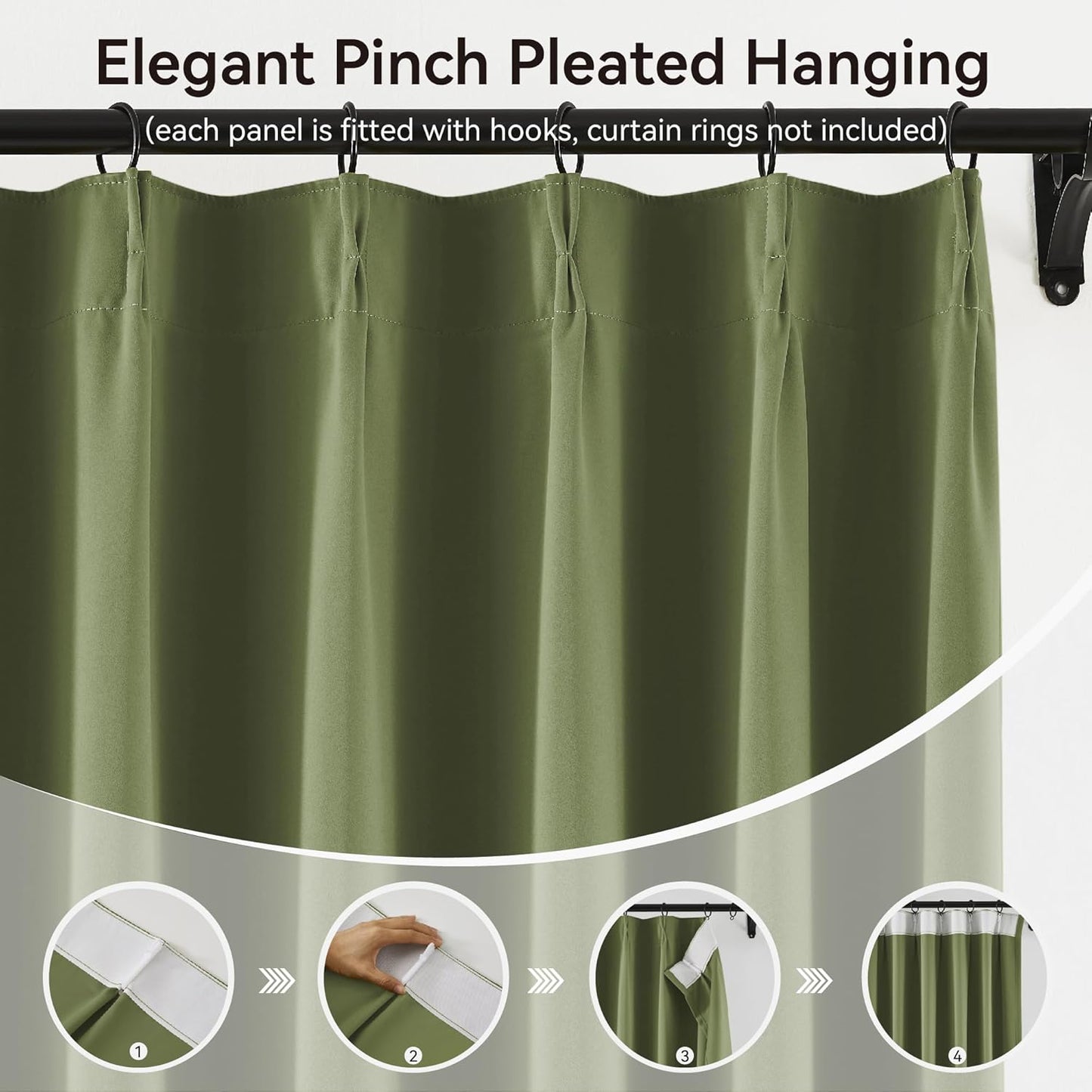 KangBang 2 PCs Sage Green Wide Blackout Curtains 95 Inches Long, Pinch Pleated with Hooks Track