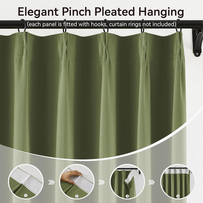 KangBang 60” Wide Sage Green Blackout Curtains 102 Inches Long, Pinch Pleated Thermal Insulated