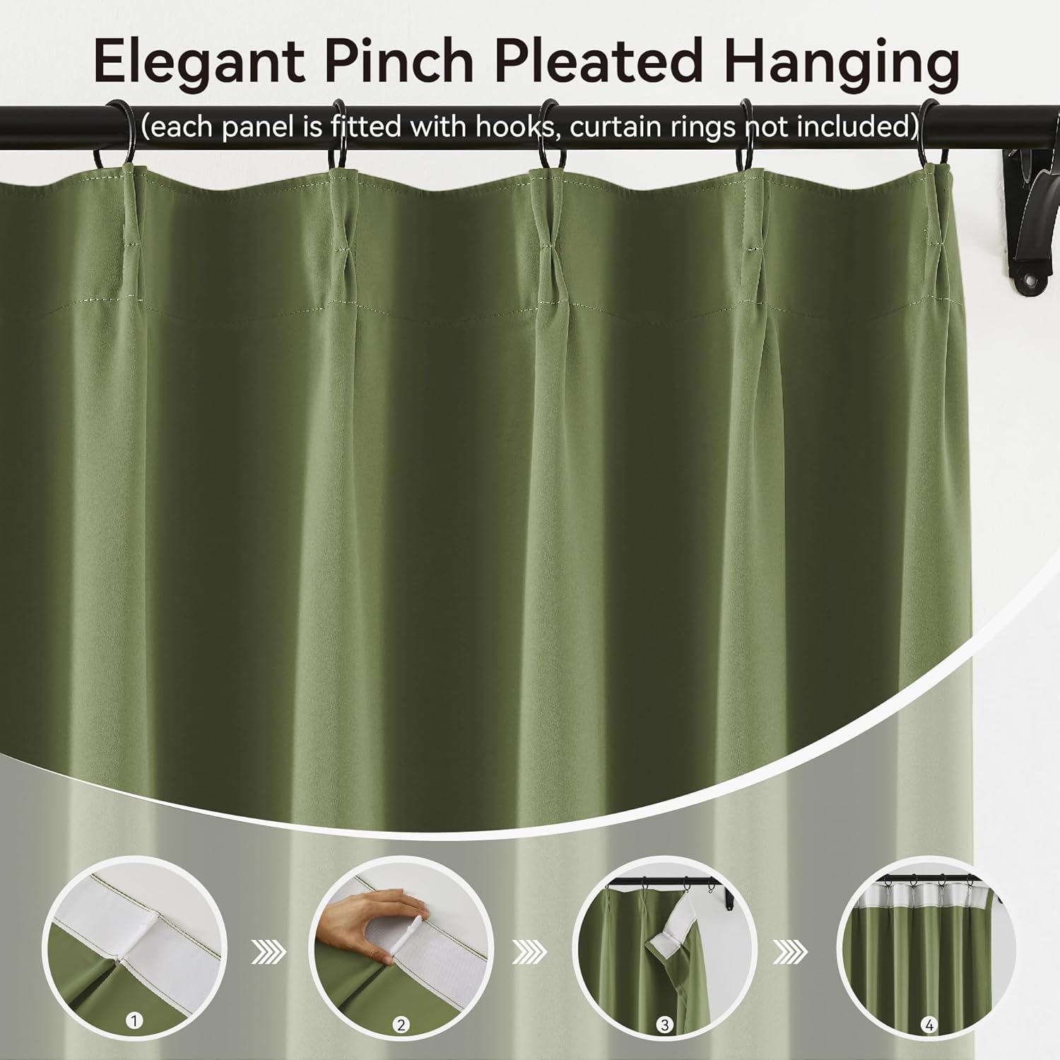 KangBang Sage Green Pinch Pleat Blackout Curtains 96 Inches Long for Living Room, Pinch Pleated