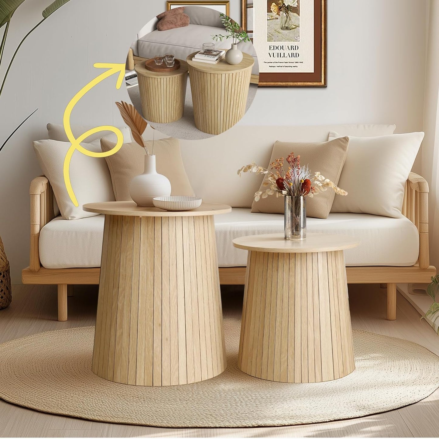 Nest Coffee Table Set of 2 with Round End Table, Farmhouse Design, Removable Wood Top and Wood