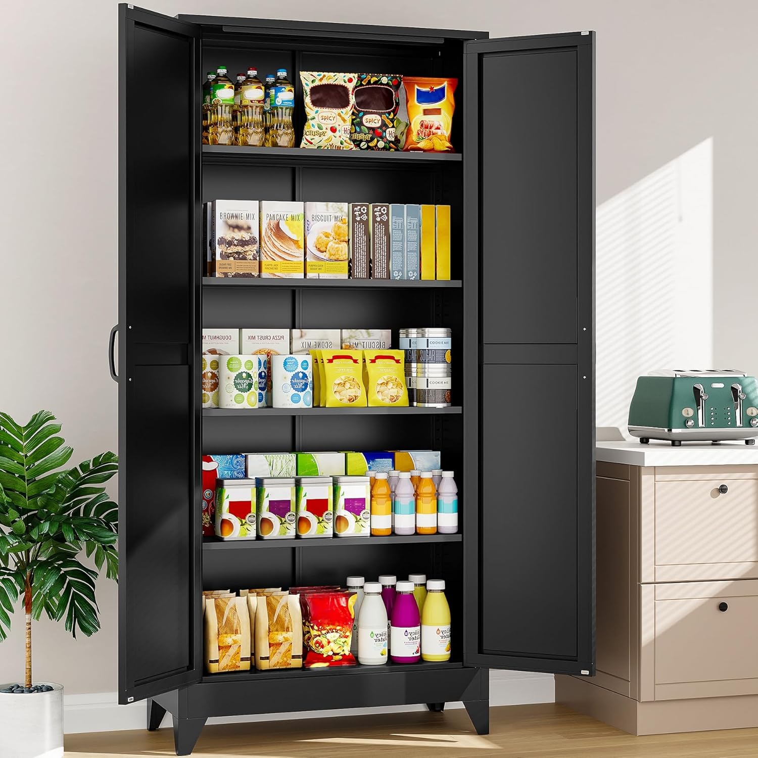75" Tall Pantry Cabinet,Farmhouse Kitchen Pantry Storage Cabinets with 2 Doors and 5 Shelves,Black