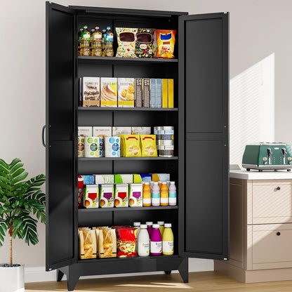 75" Tall Pantry Cabinet,Farmhouse Kitchen Pantry Storage Cabinets with 2 Doors and 5 Shelves,Black