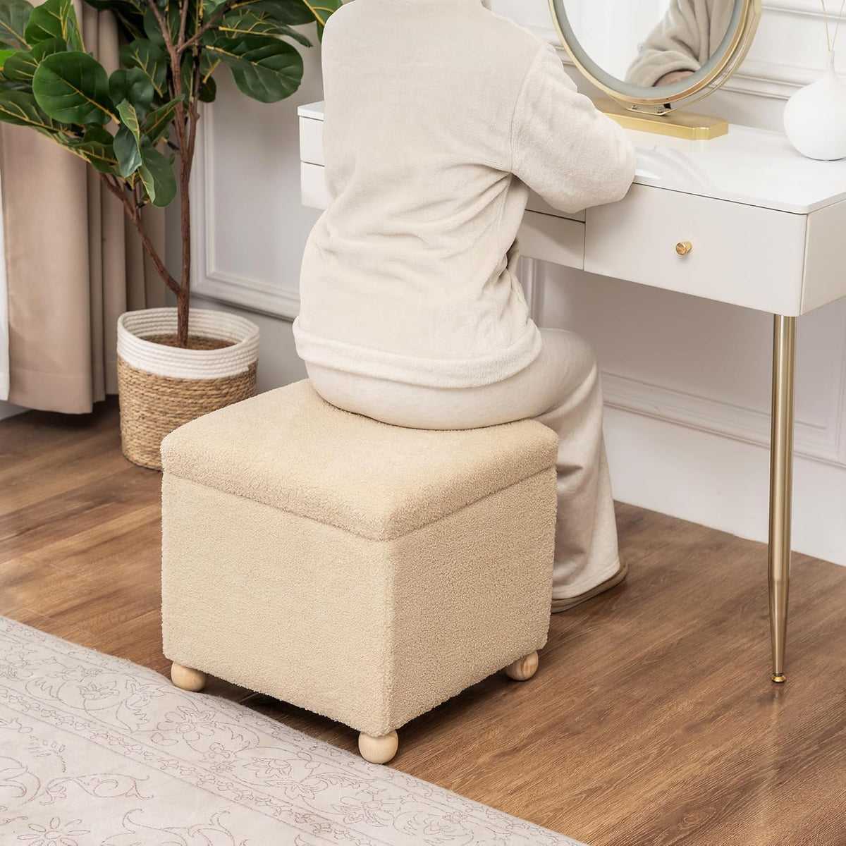 Adeco 17 Inch Soft Oatmeal Cube Ottoman Storage, Teddy Velvet Chair Foot Stools, Upholstered Vanity
