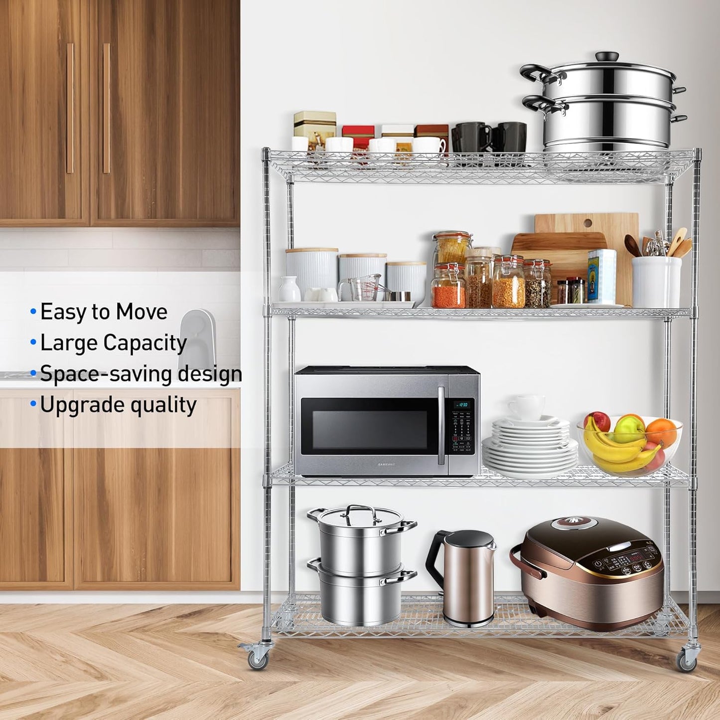 Rengue Wire Shelving with Wheels, 60"x 24"x72" Metal Storage Shelves, 4-Tier Heavy Duty Garage