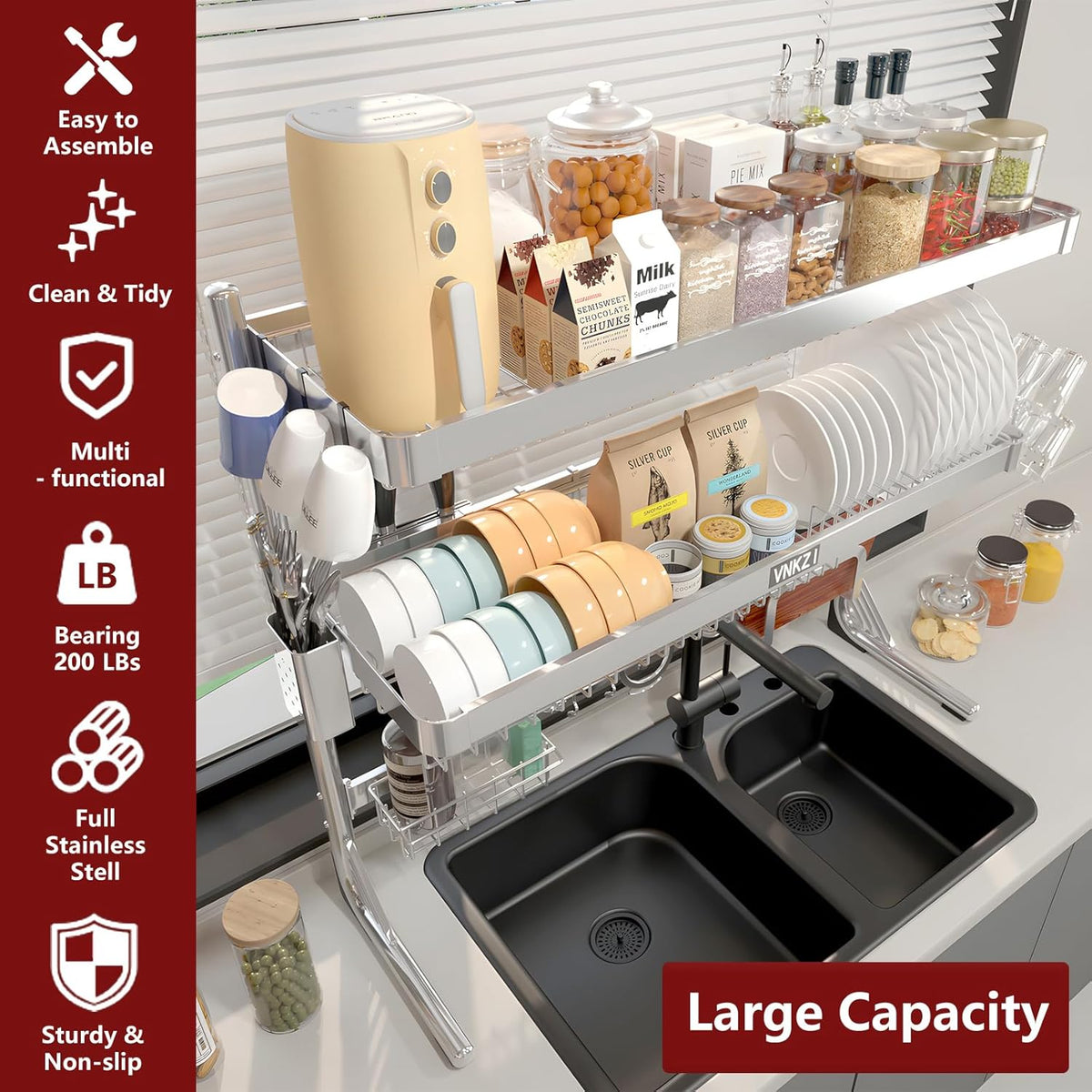 VNKZI Over Sink Dish Drying Rack, 3 Tier Full Stainless Steel Storage Adjustable Length (25.98'' to