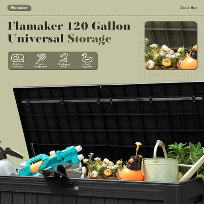 Flamaker Resin Deck Box 120 Gallon Waterproof Large Outdoor Indoor Storage Box Imitation Wood Resin
