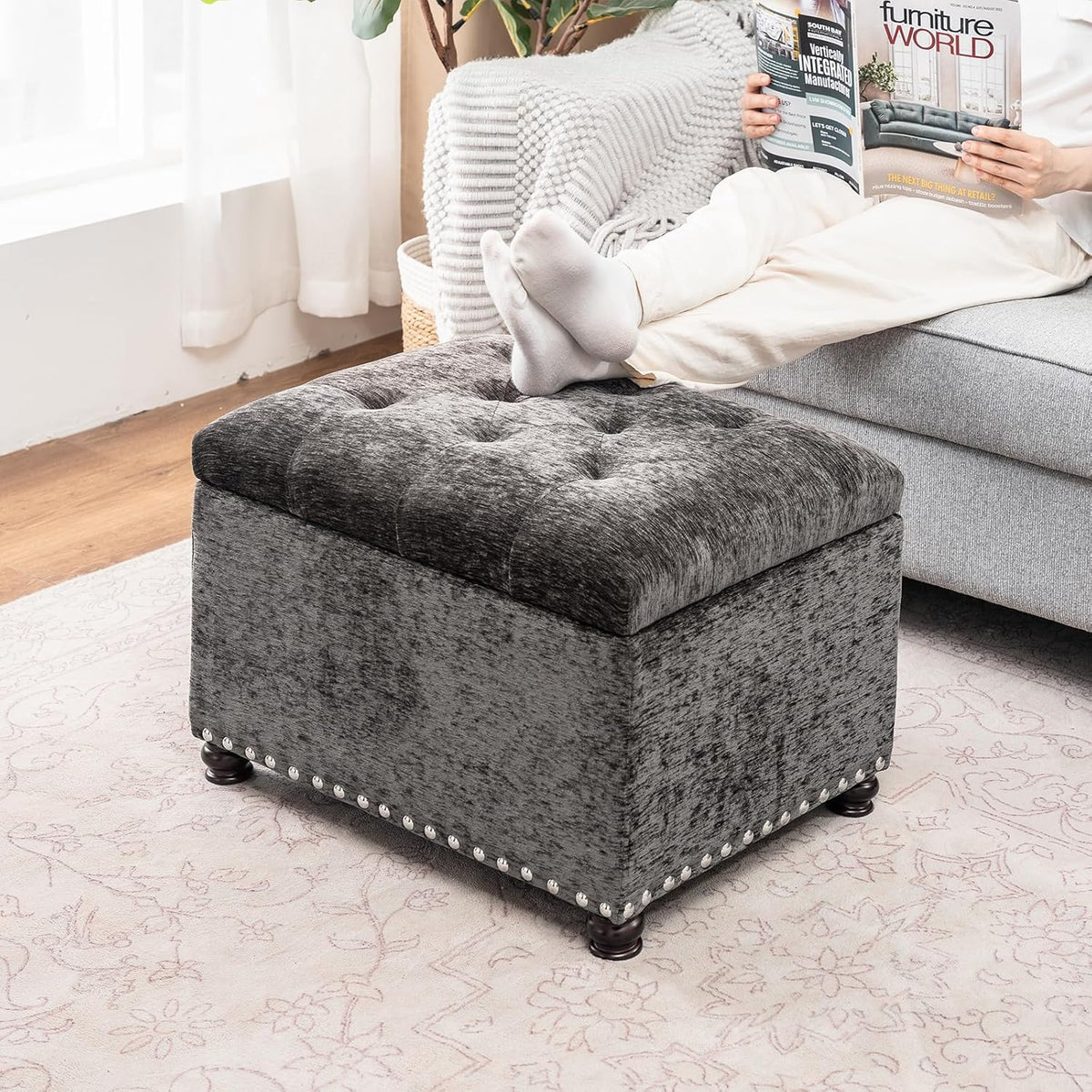 Joveco Storage Ottoman Bench, Rectangle 24" Velvet Foot Rest Stool Square Footstool for Living