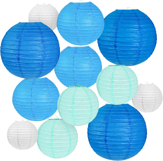 12Pcs Blue and White Paper Lanterns Assorted Sizes (6" 8" 10" 12") for Home Decor, Wedding