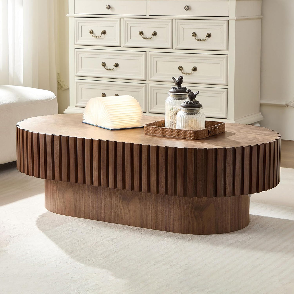 43.7" Oval Coffee Table for Living Room,Modern Handcraft Drum Coffee TableSmall Wooden Coffee Table