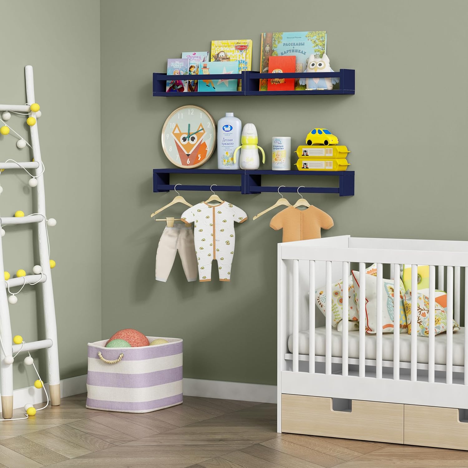 Forbena Navy Blue Floating Book Shelves for Nursery Boy, Decorative Wall Bookshelf for Kids Room