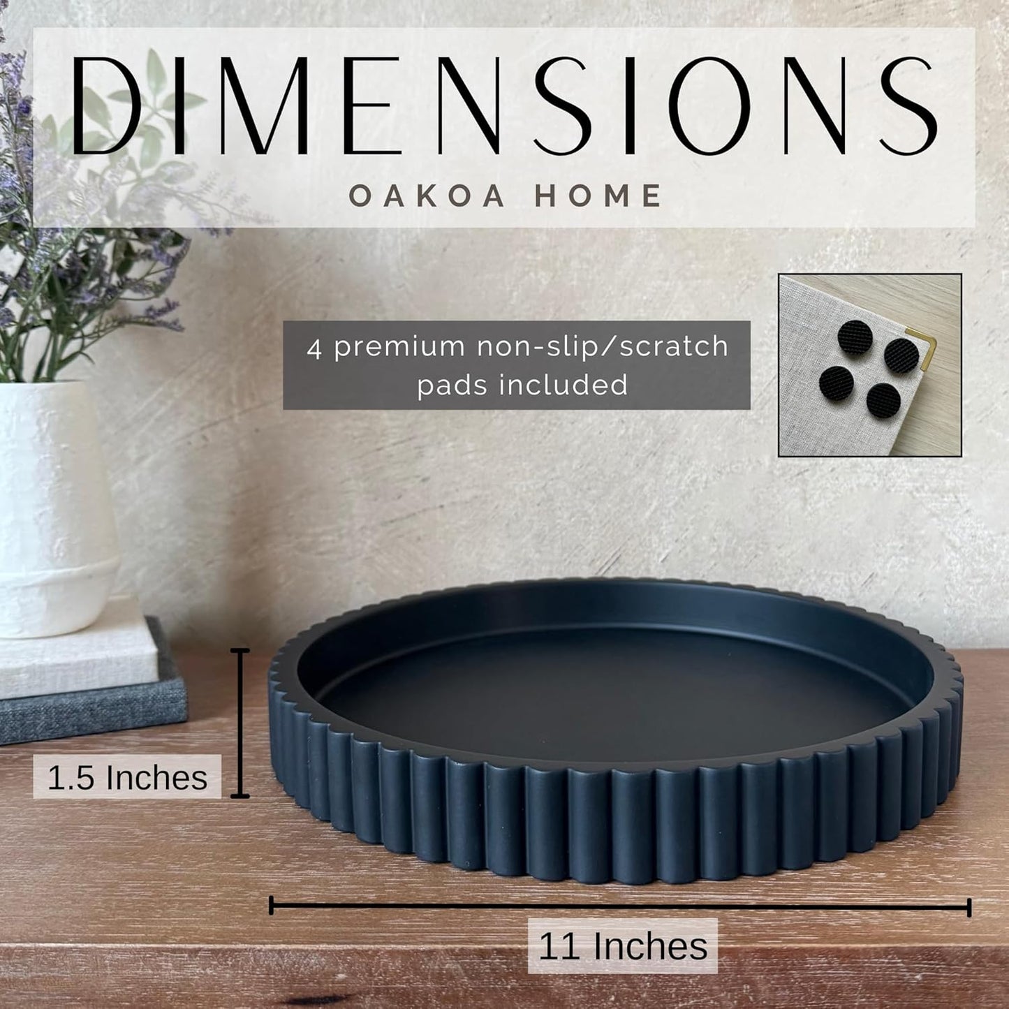 OAKOA Concrete Black Tray for Coffee Table - Round Black Decorative Tray for Table Decor - Bandejas