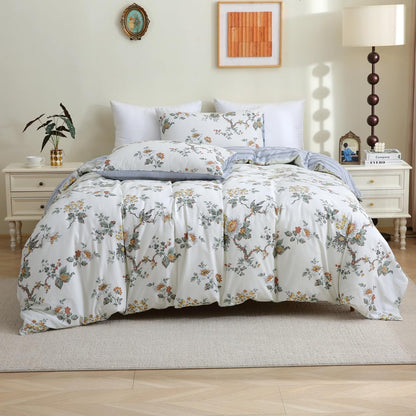 ABREEZE Floral Duvet Cover King Size Set Bird Flowers Bedding Set 100% Brushed Cotton Bedding