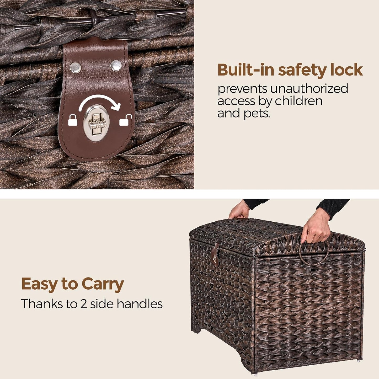 Handwoven Storage Basket with Lid, 178L Plastic Rattan Storage Bin, Leather Buckle & Metal Frame