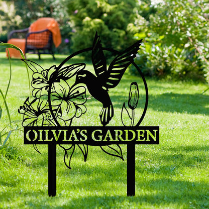 Custom Hummingbird Metal Garden Decor, Personalized Bird with Stakes Garden Sign, Flower Design