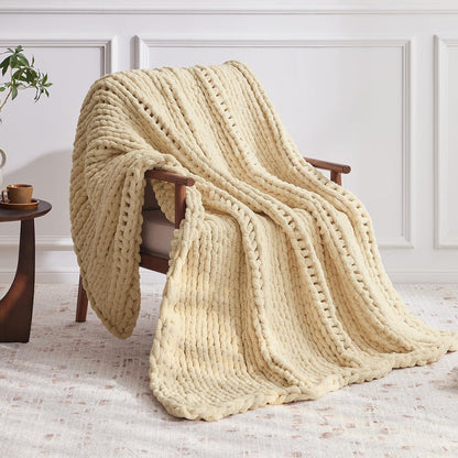 Chunky Knit Throw Blanket, 60''*80'' Knitted Throw Chenille Yarn for Bed Couch, Handmade Oatmeal